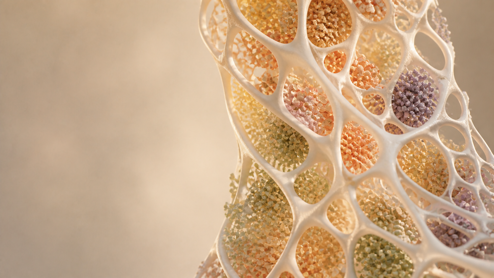 An abstract ivory lattice filled with copper, green, and purple organic particles representing an intelligent operating system.